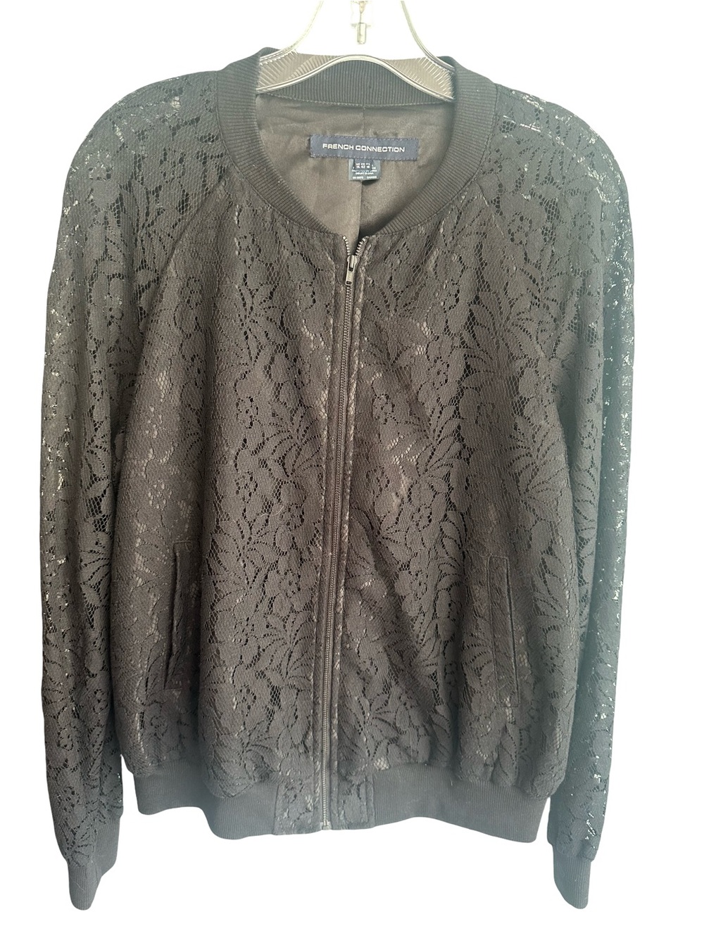 French Connection Floral Lace Black Full Zip Up Bomber Jacket Lined Pockets LG